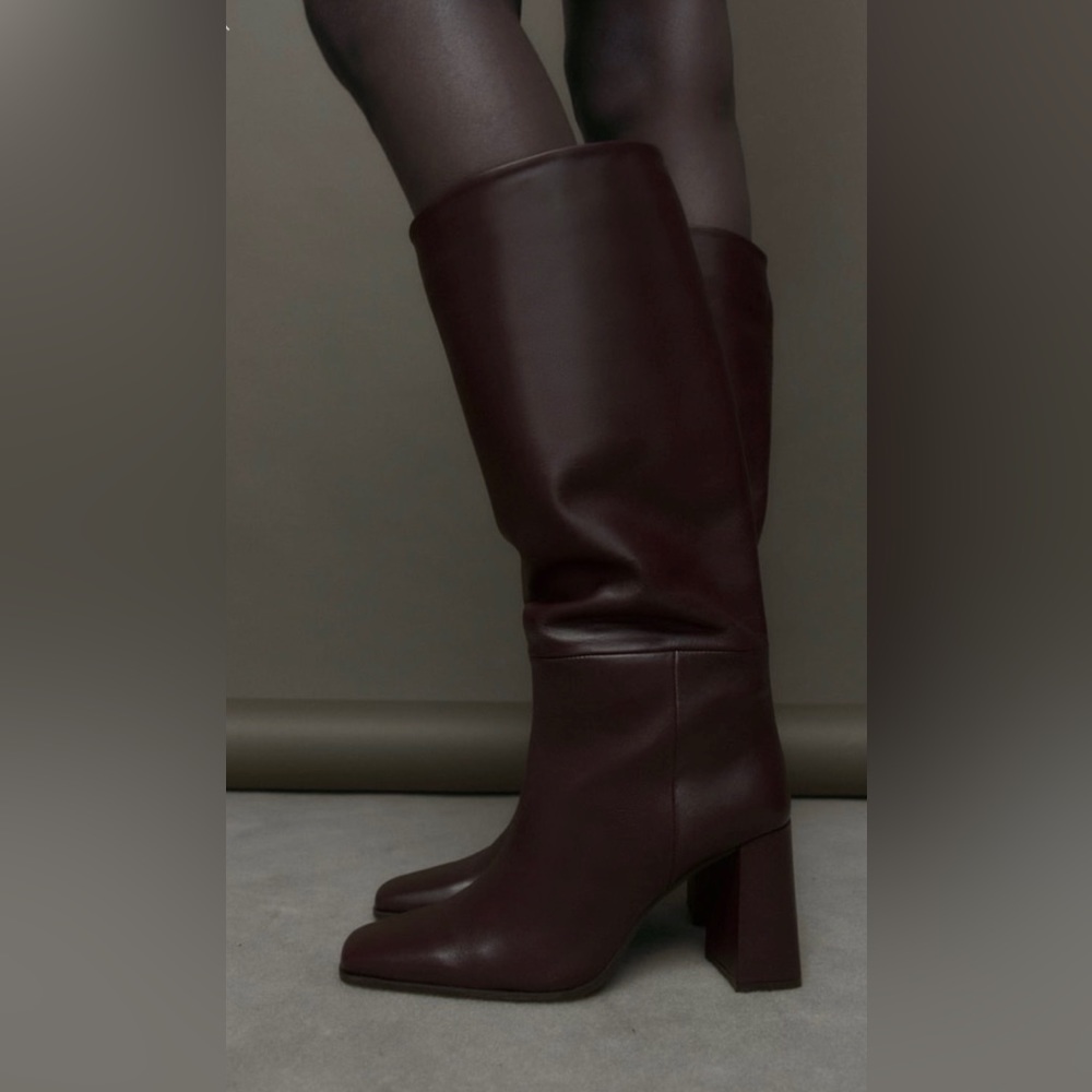 Zara Heeled Leather Knee High Boots in Cherry Red